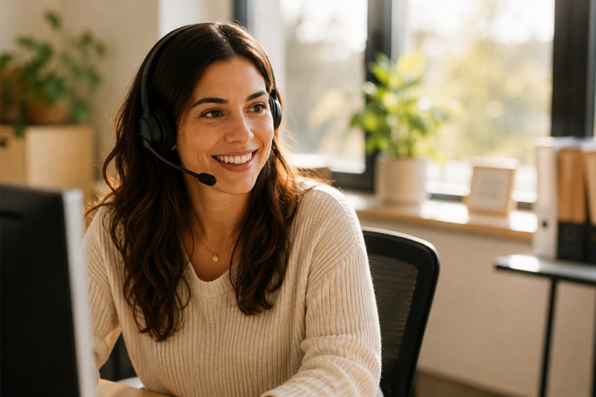 Conseillère au service à la clientèle portant un casque d’écoute, dans un bureau lumineux