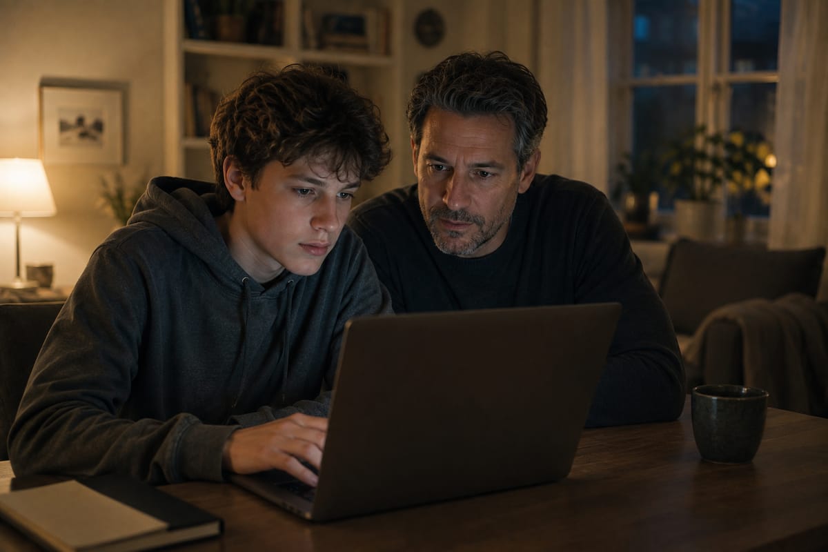 Parent et adolescent devant un ordinateur portable à la maison