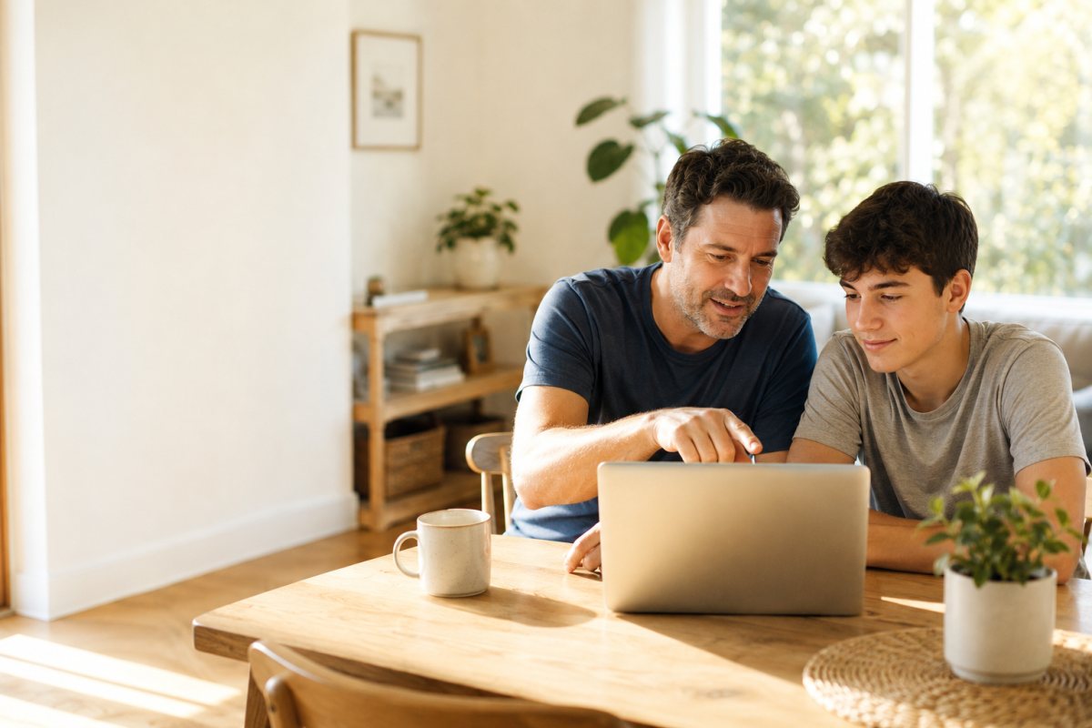 Parent et adolescent devant un ordinateur portable à la maison
