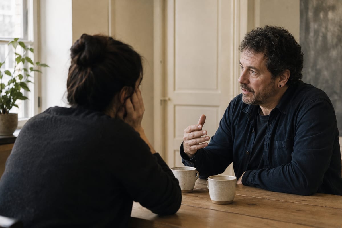 Deux personnes assises à une table, en conversation calme